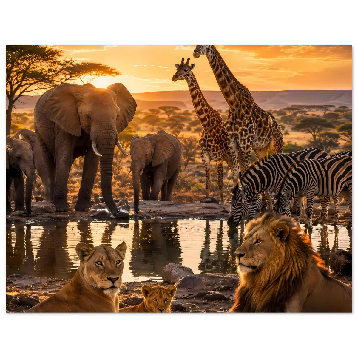 Horizontales Tiermotiv-Poster: Löwen, Elefanten, Giraffen und Zebra im goldenen Licht