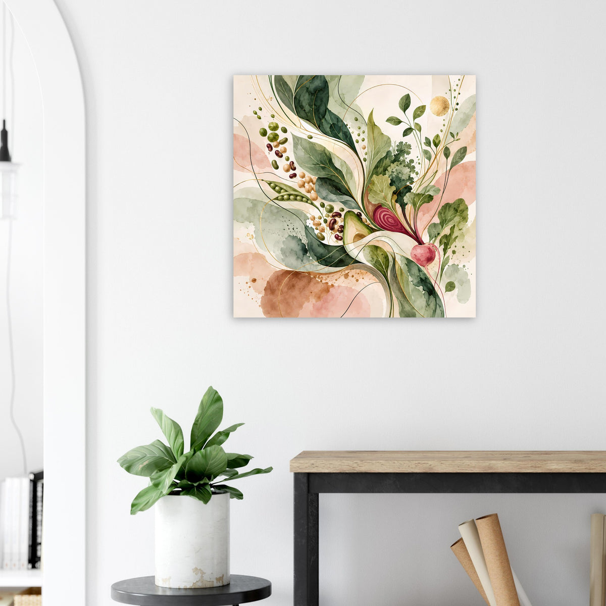 Botanisches Poster mit Blättern in Salbeigrün, Beige und Rosé