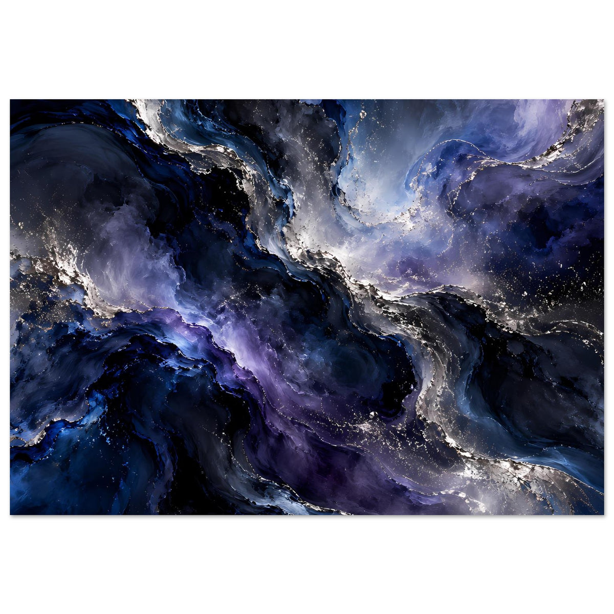 Weltraum-Poster mit kosmischen Nebelwirbeln in Dunkelblau und Silber, querformatig