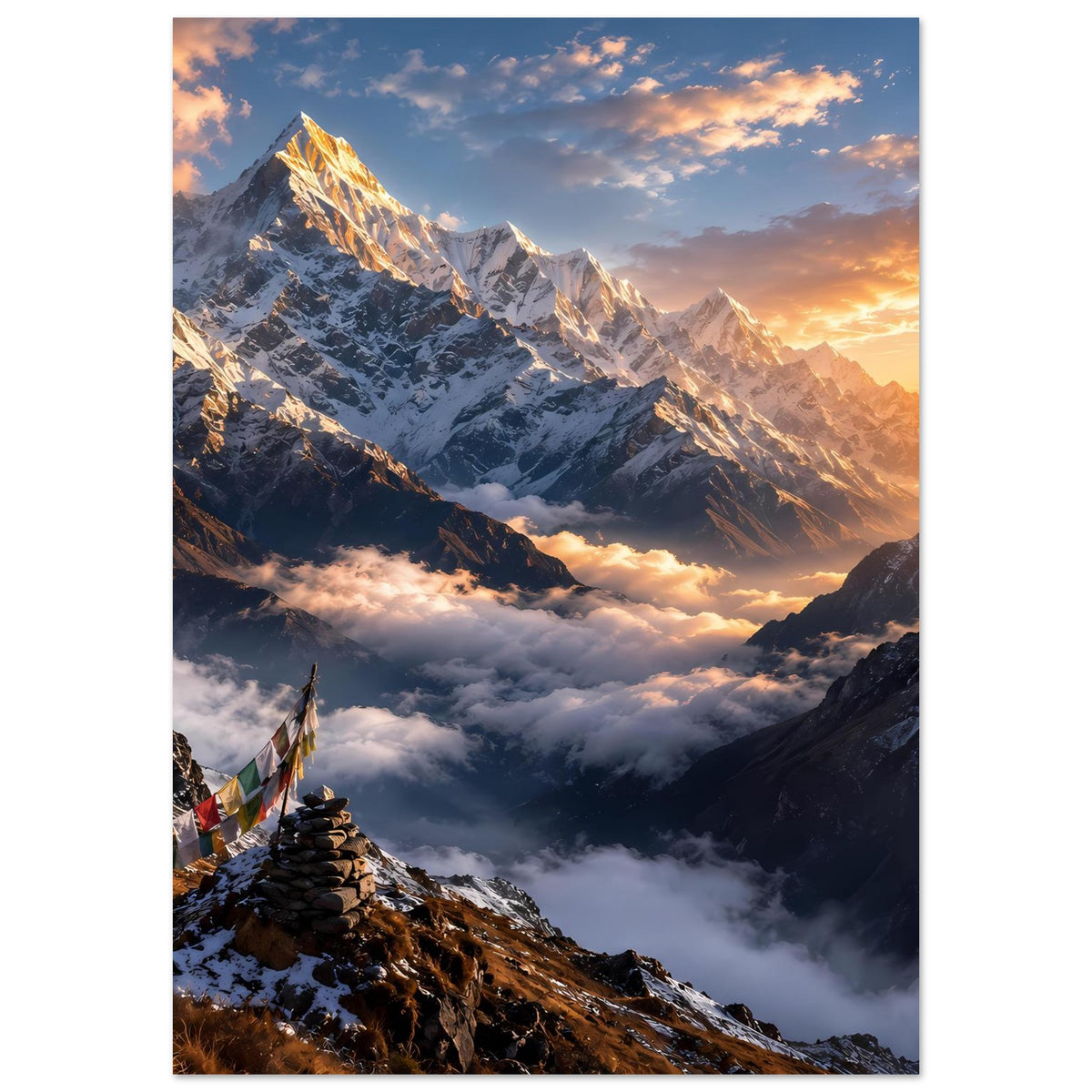 Poster mit Sonnenaufgang über den Alpen-ähnlichen Gipfeln, felsiger Grat und Wolken