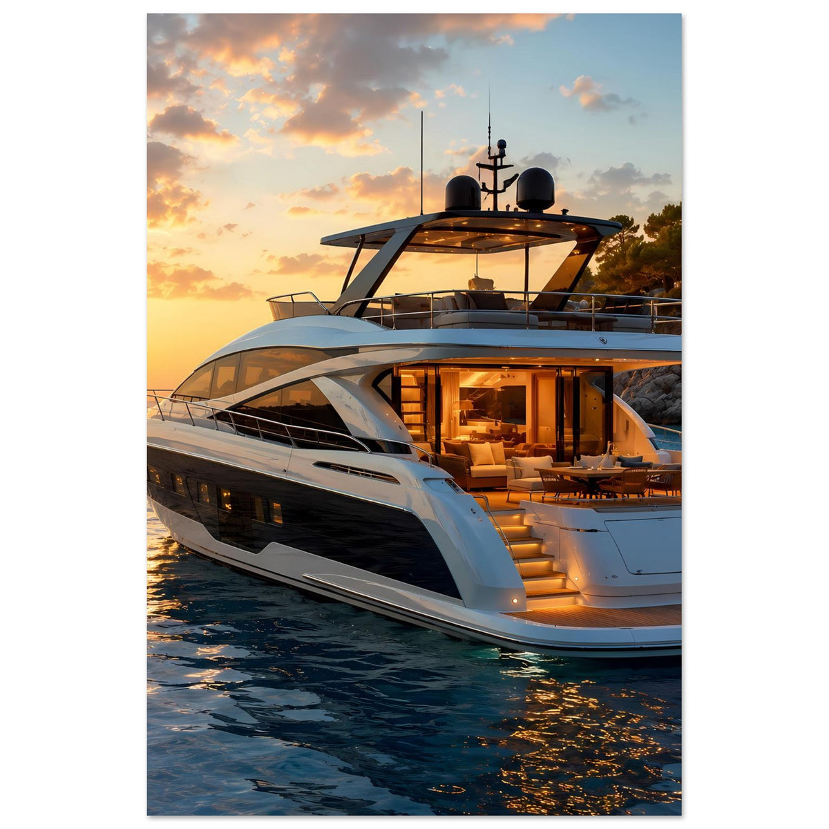 Yacht-Sonnenuntergangsposter, vertikal: Motoryacht mit beleuchtetem Innenraum