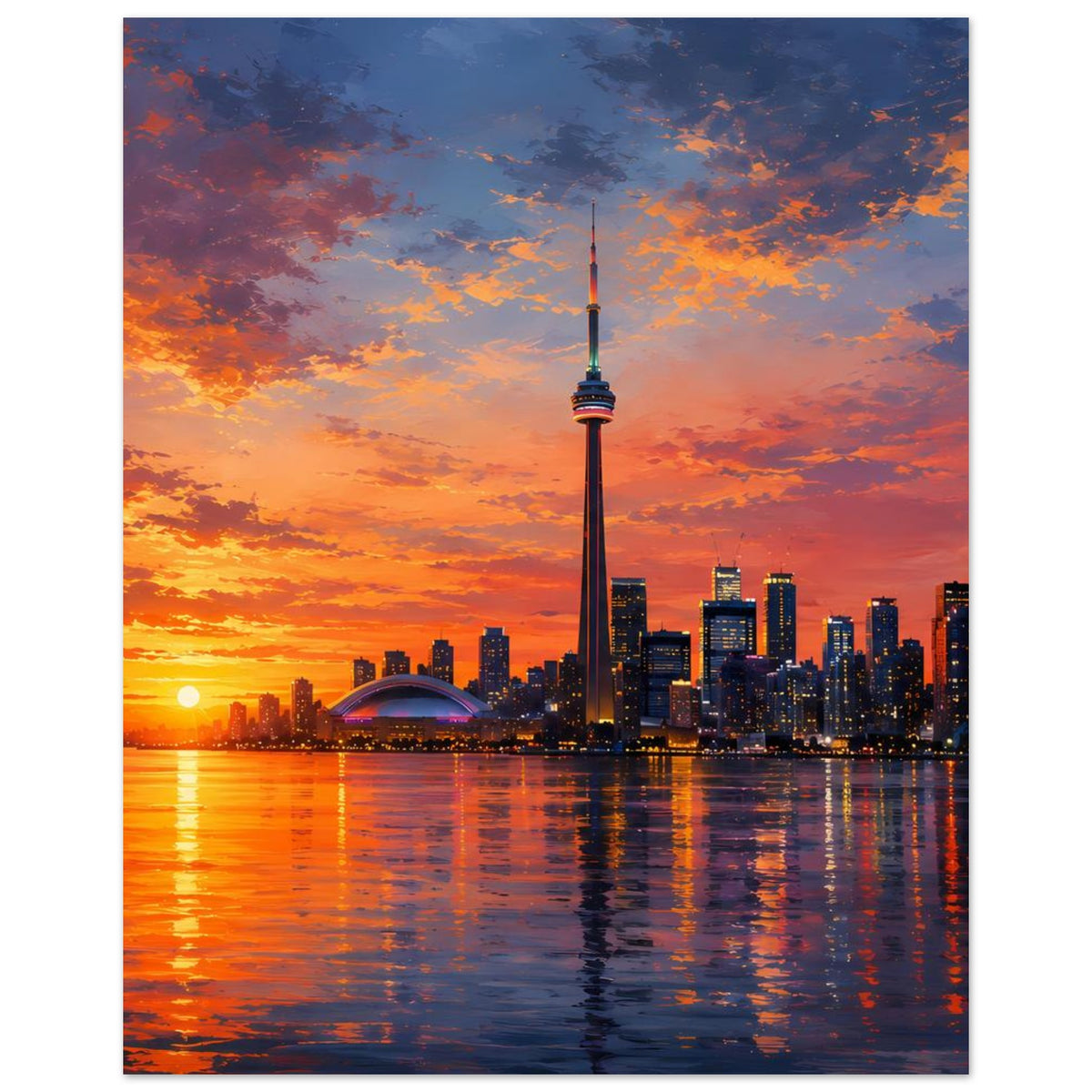 Poster im Hochformat: Skyline mit Fernsehturm, untergehende Sonne links und Wasserreflexionen