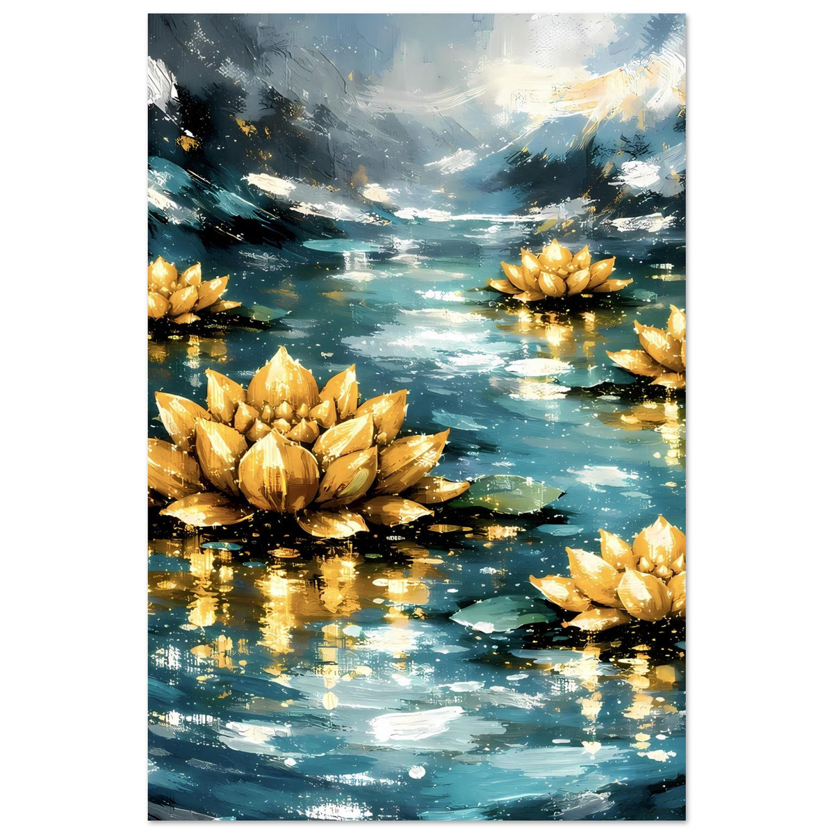 Poster mit goldenen Lotusblüten im Teich, goldenes Spiegeln auf dunklem Wasser