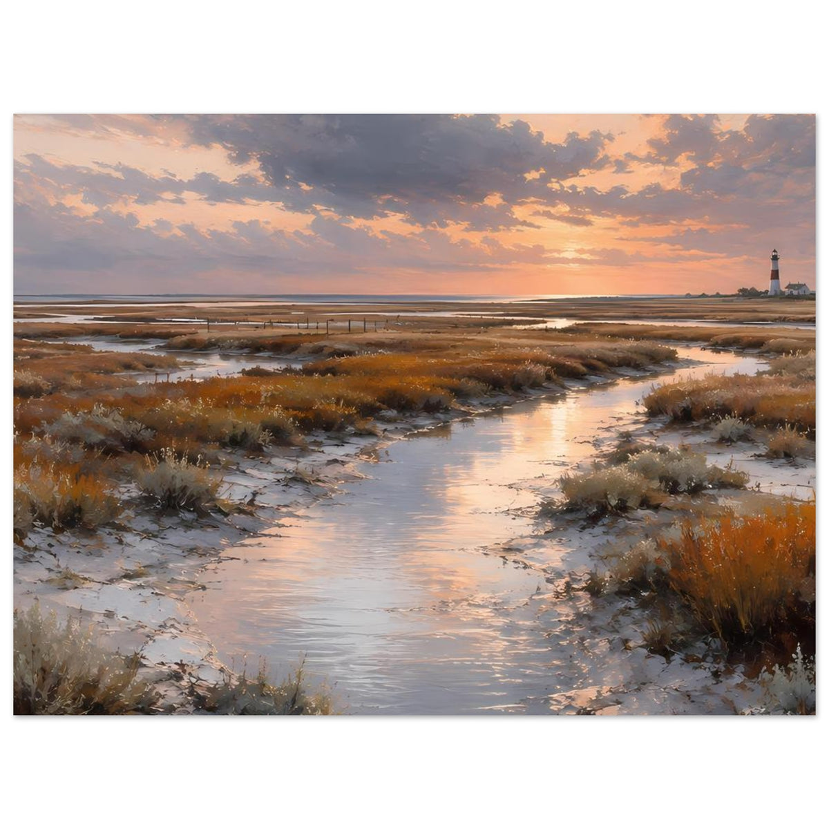 Horizontales Poster mit warmer Abendsonne, Dünen und schmalem Wasserlauf mit Leuchtturm
