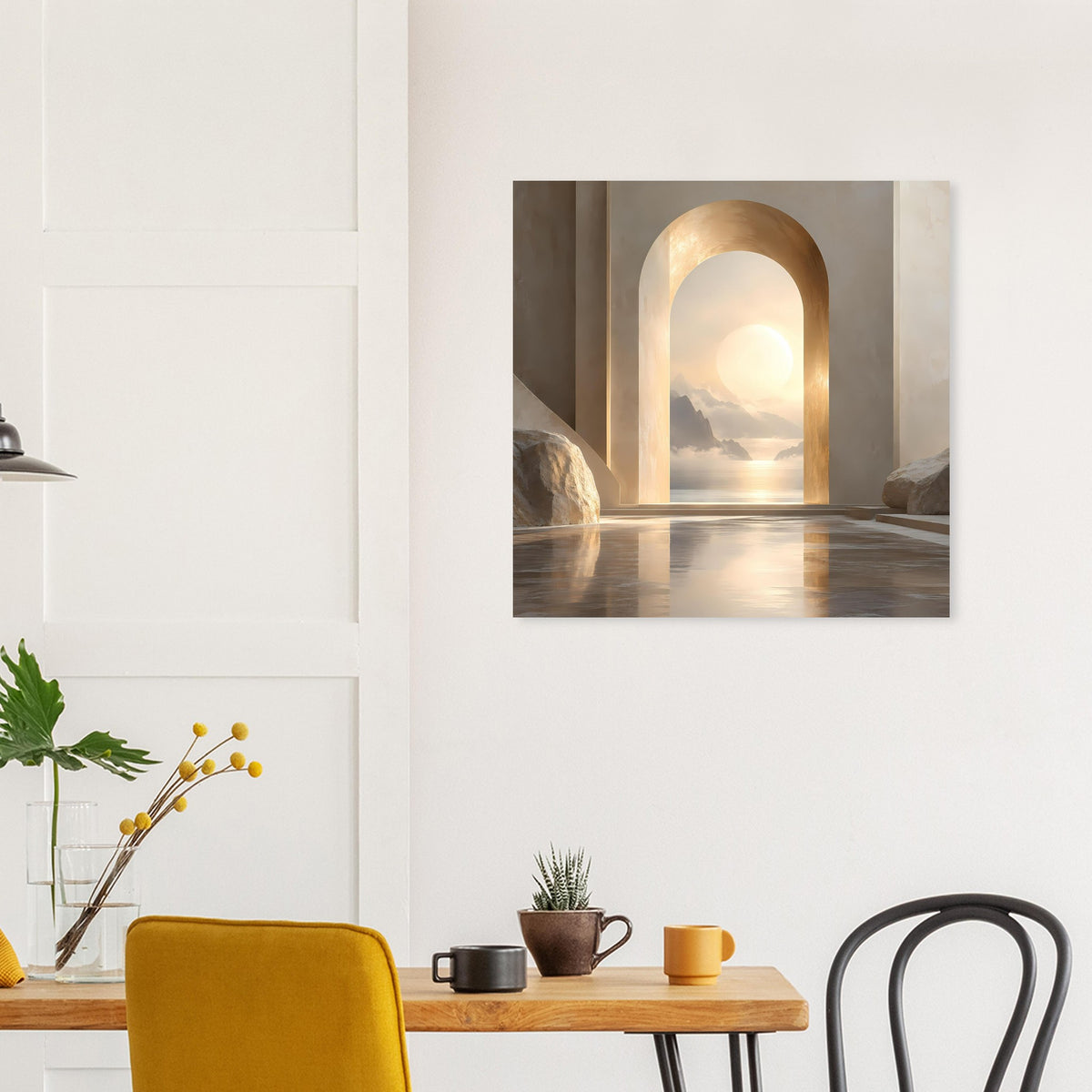 Wandposter im Quadratformat mit goldener Toröffnung, Sonnenuntergang und spiegelndem Wasser