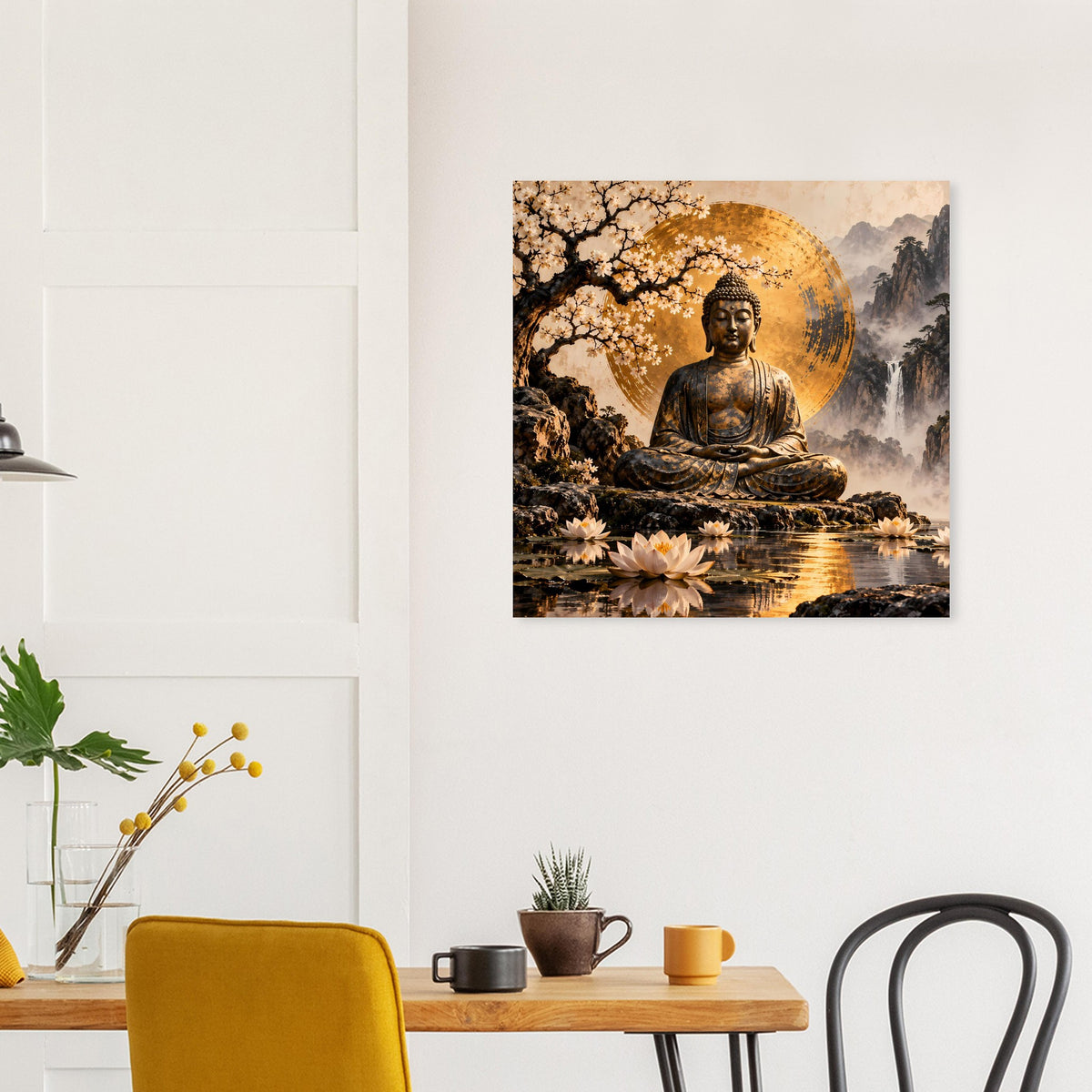 Zen-Buddha-Wandposter mit goldener Aura und Lotusblüten am ruhigen Gewässer