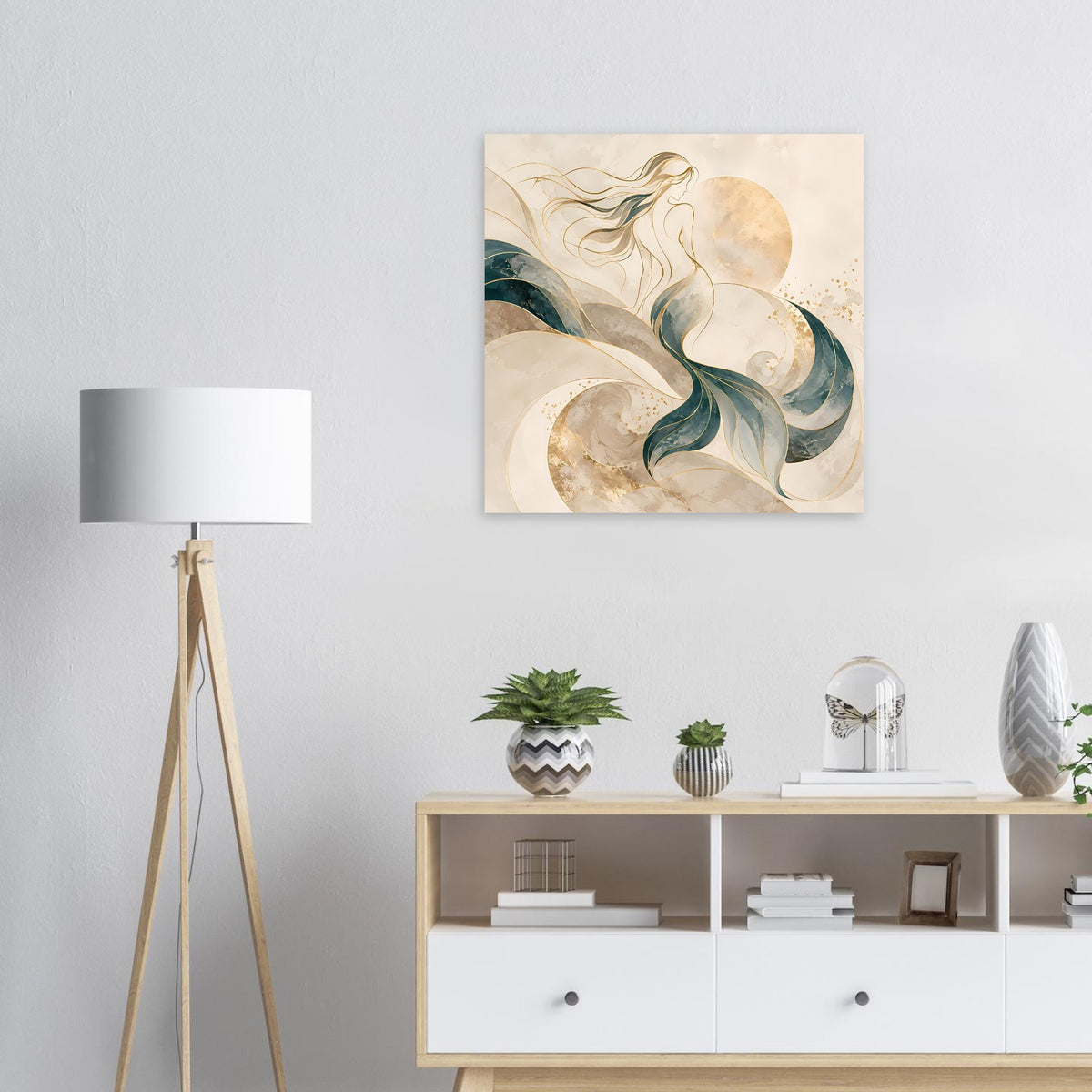 Kunstposter mit Meerjungfrau in Creme und Gold, grünen Fluten