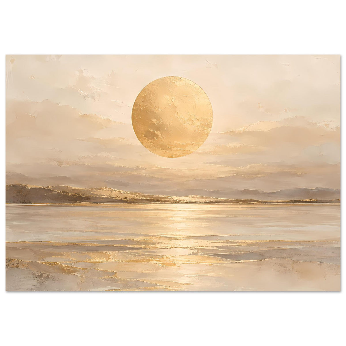 Kunstposter im Querformat: beige-goldene Landschaft mit rundem Sonnenmotiv