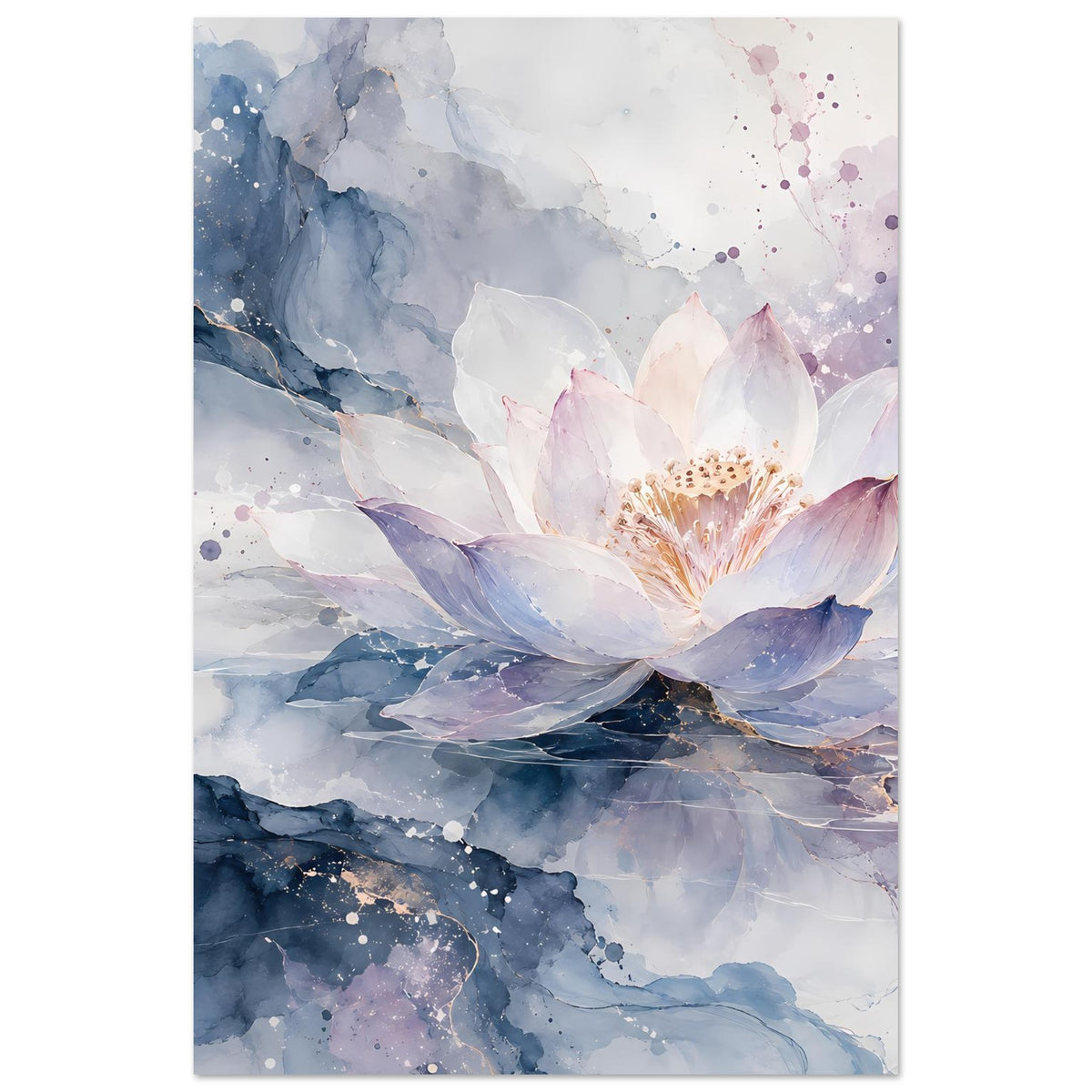 Vertikales Blumenposter mit Lotusblüte in Pastellweiß und Lila über blauem Aquarellmotiv