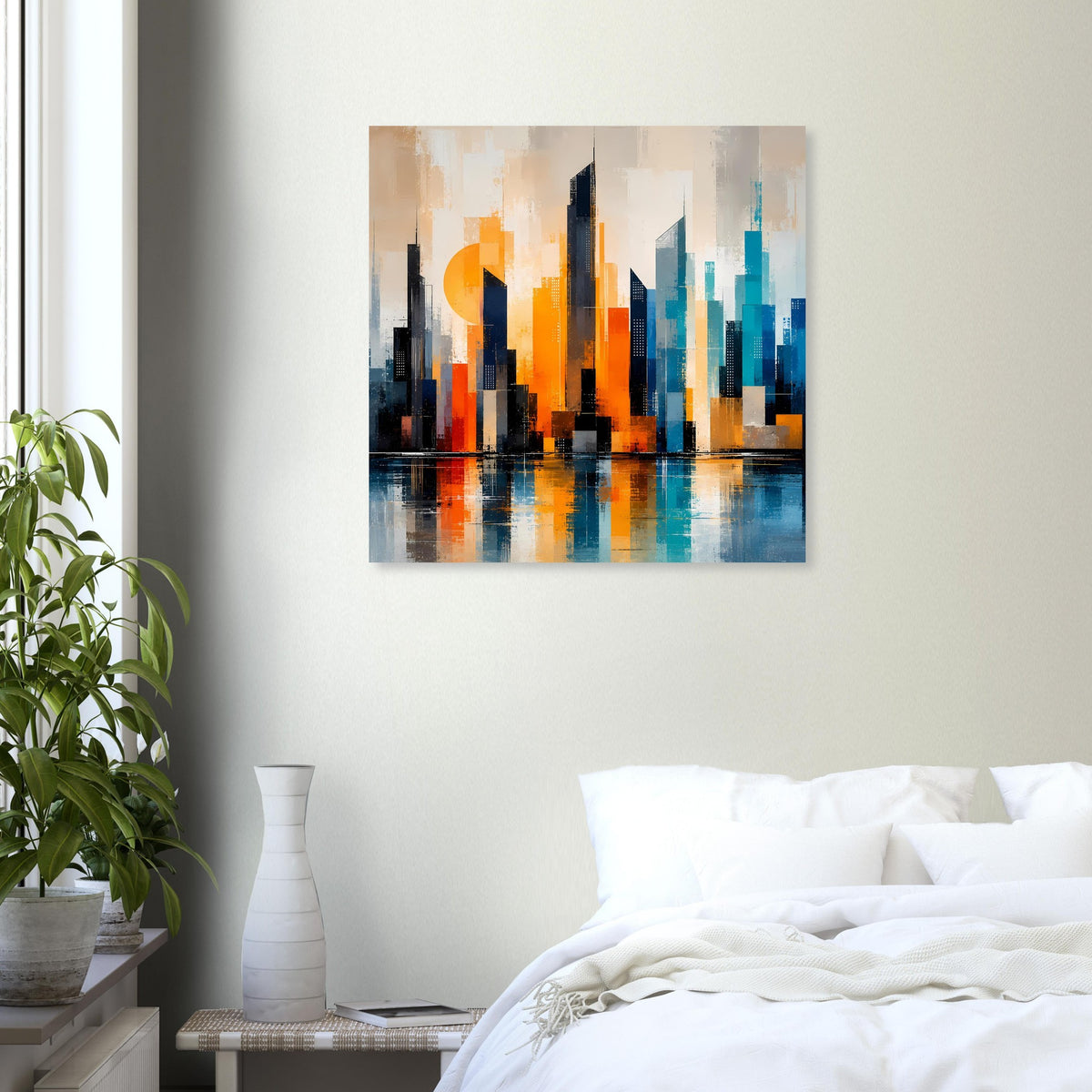 Rechteckiges Poster mit abstrakter Skyline in Orange und Türkis, dunkle Hochhäuser.