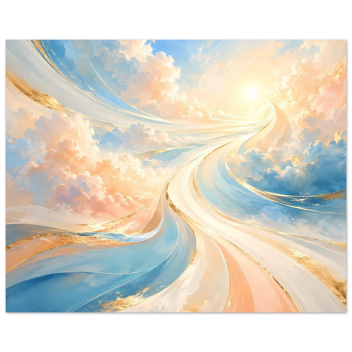 Fantasie-Poster mit fließenden Lichtströmen und Wolken, warme Pastellfarben