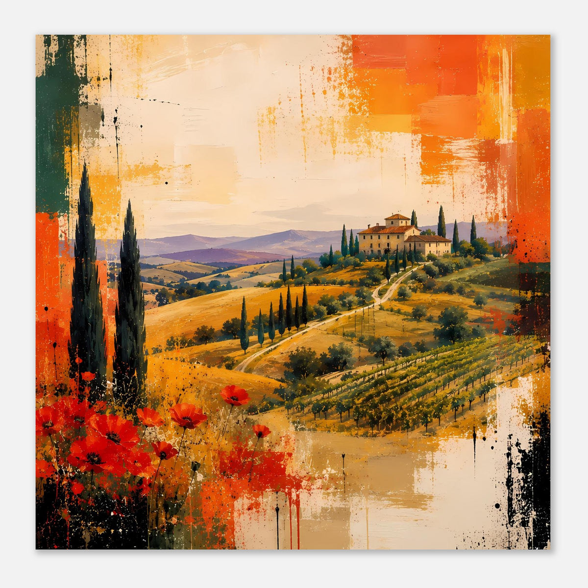 Abstraktes Poster: Landschaft mit Landhaus, Zypressen, orangegelben Hügeln und roten Blüten