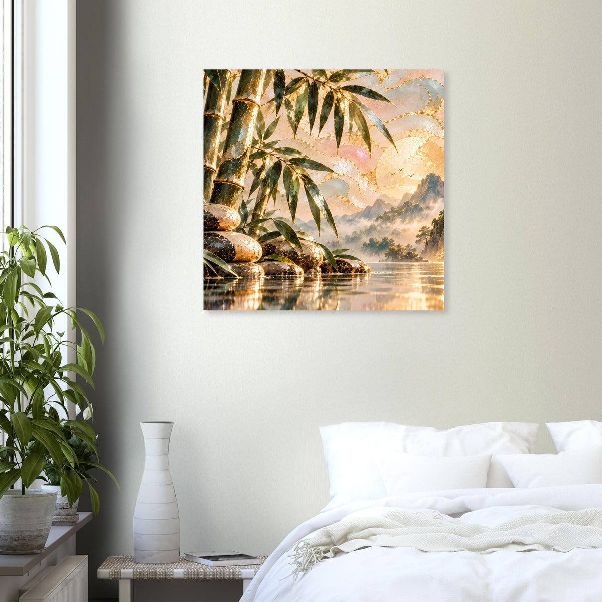 Quadratisches Poster mit Wasserfall, Bambuszweigen und Zen-Steinen in Goldbraun