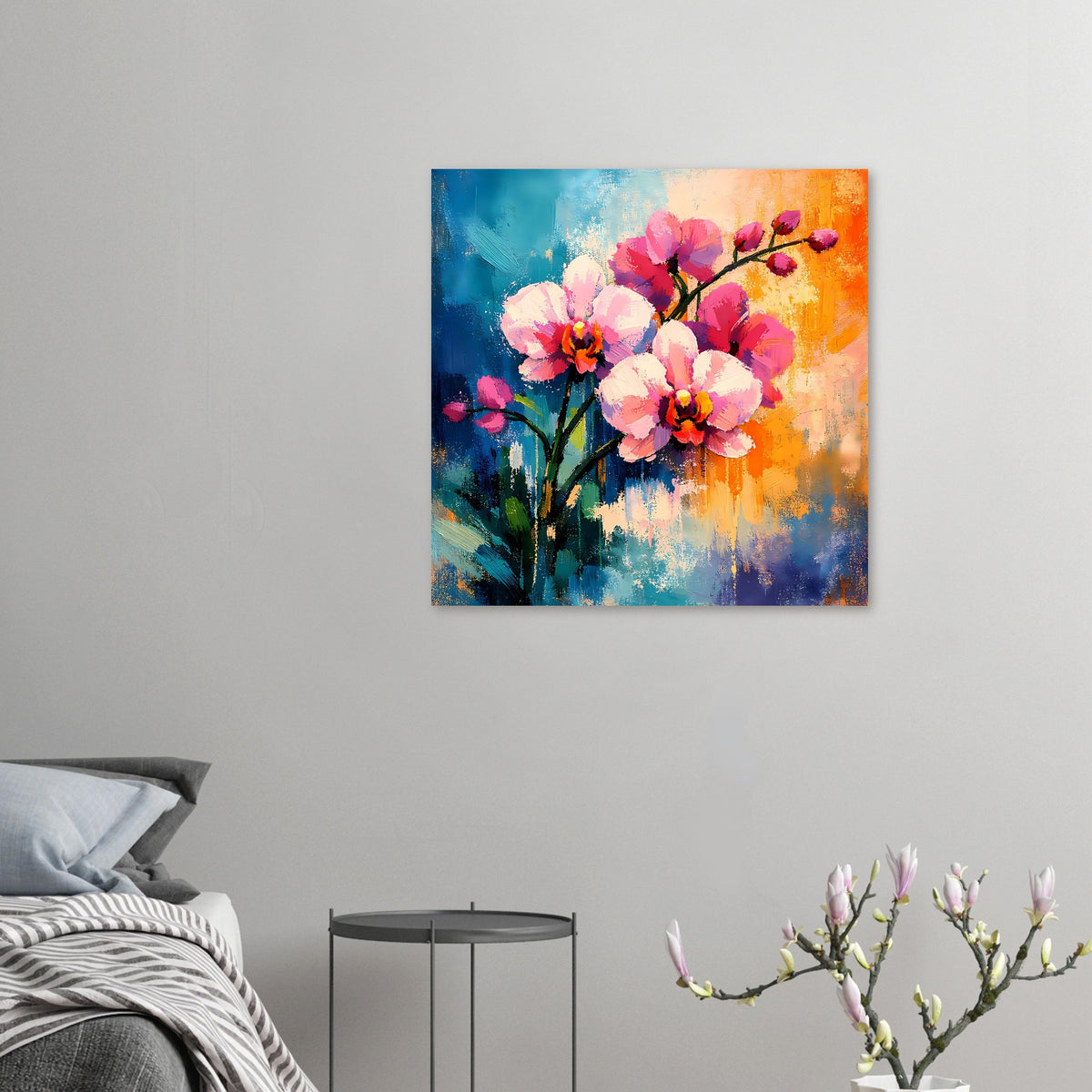 Kleines Blumenposter mit rosafarbenen Blüten und blau-orangefarbenem Hintergrund