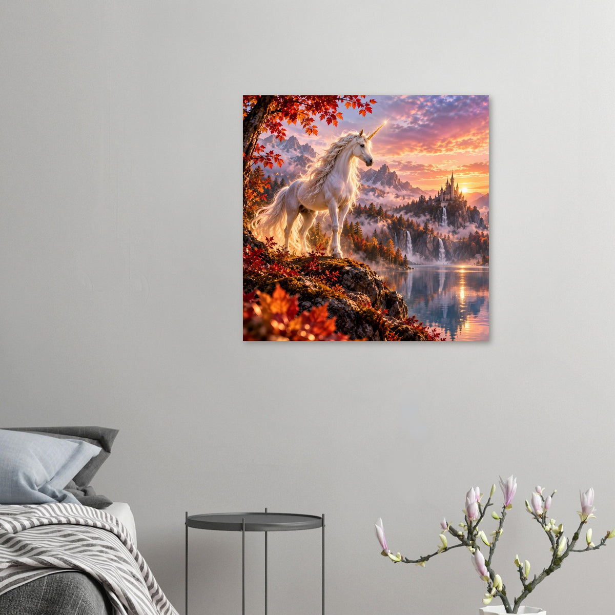 Einhorn-Fantasyposter im Kleinformat: weißes Einhorn über See und Schlosslandschaft