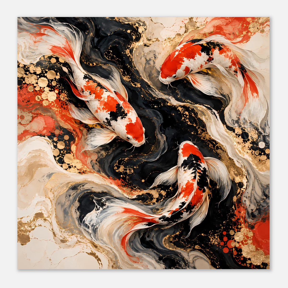 Kunstposter mit Koi-Fischen in Rot, Weiß und Schwarz, reduzierte Komposition mit Sprenkeln