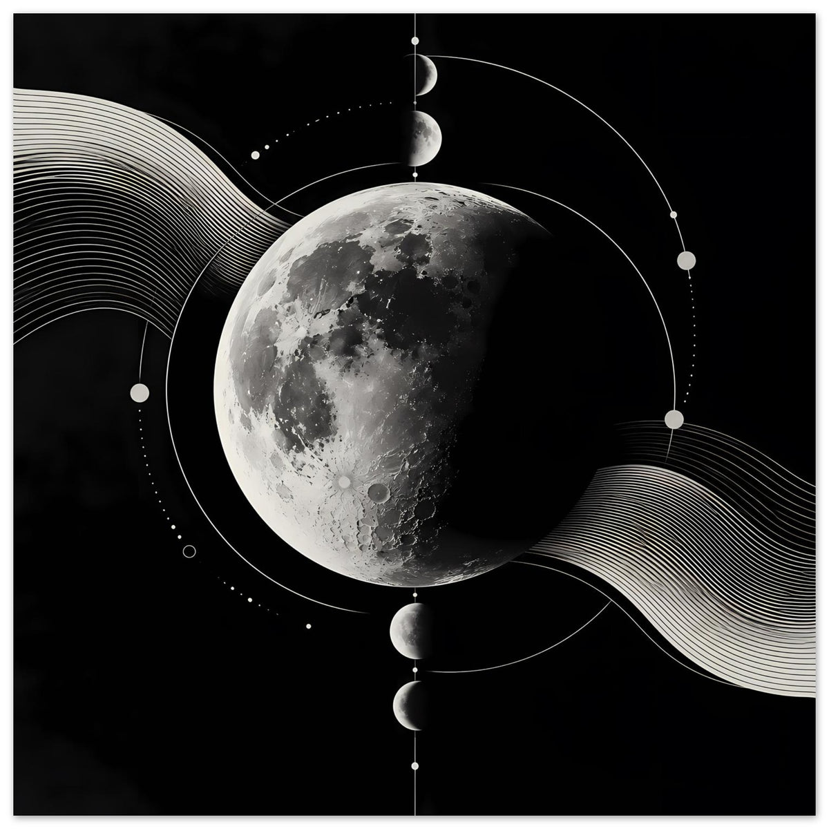 Poster mit Mondphasen: großer silbergrauer Mond, Linienkreise und geschwungene Wellen im Dunkel