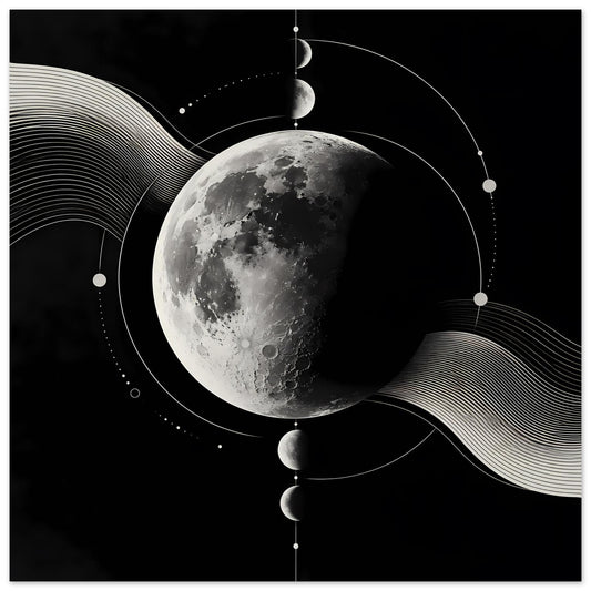 Poster mit Mondphasen: großer silbergrauer Mond, Linienkreise und geschwungene Wellen im Dunkel
