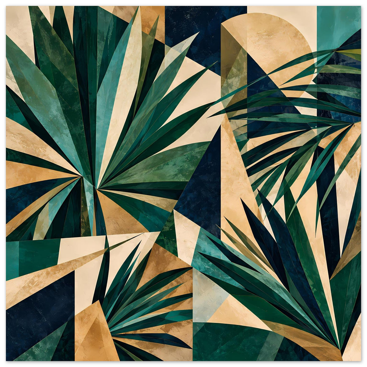 Kunstposter mit geometrischem Blattmuster in tiefen Grüntönen und Gold, quadratisch gerahmt
