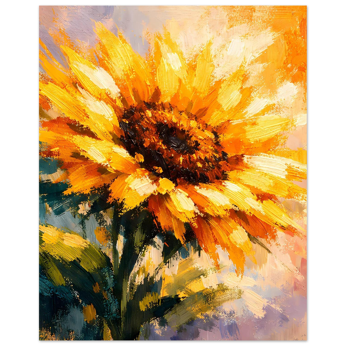 Vertikales Poster mit gemalter Sonnenblume: orangefarbene Strahlen und dunkler Blütenkorb.