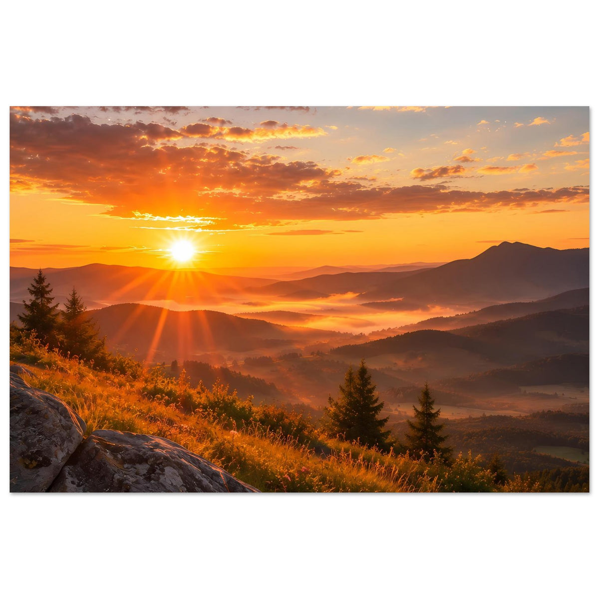 Landschaftsposter mit orangefarbenem Sonnenuntergang, Bergsilhouetten und Nadelbäumen, gerahmt