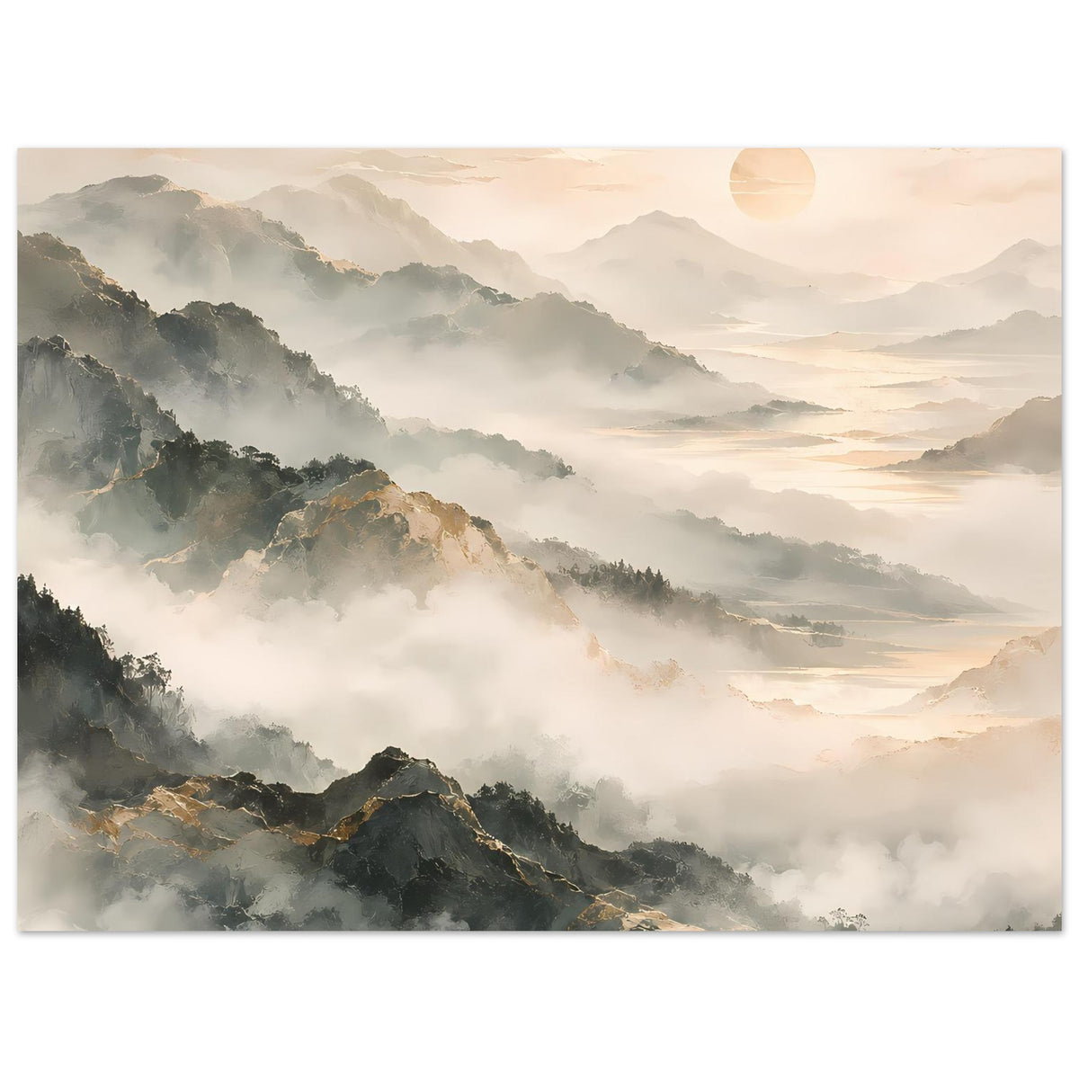 Horizontales Poster mit nebligen Gebirgsformationen, warmem Abendlicht und Sonne