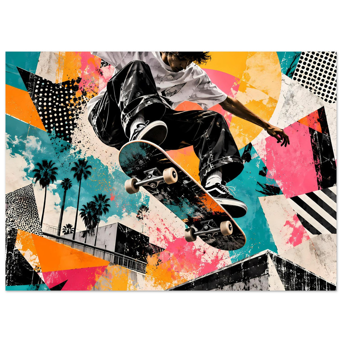 Poster im Querformat mit Skateboarder, Skateboard und bunter Street-Art-Kunst