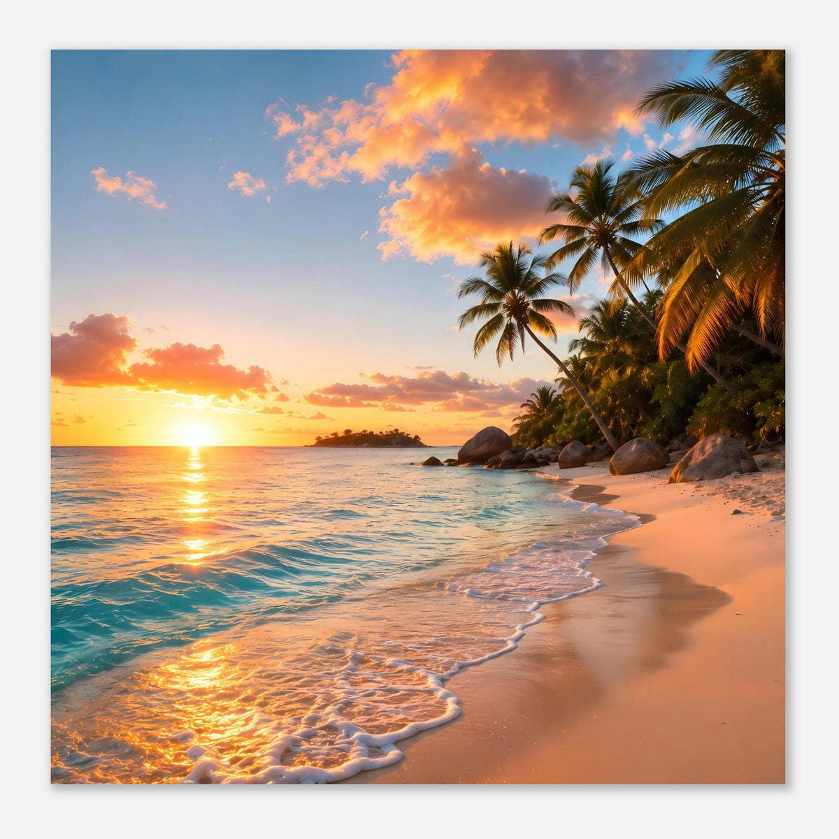 Poster mit Strand bei Sonnenuntergang im Querformat, Palmen und glitzernde Wellen