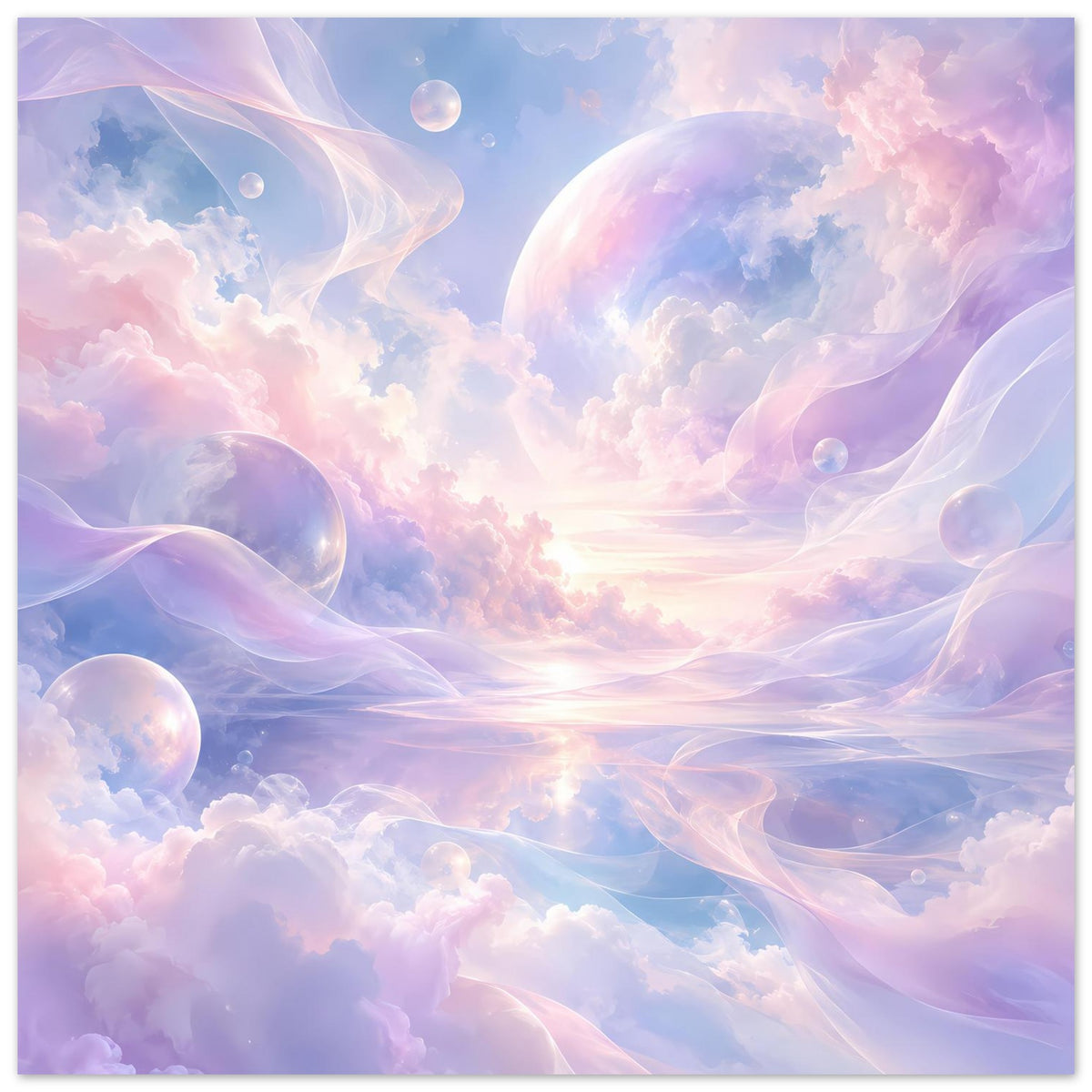 Rechteckiges Poster mit Pastellwolkenlandschaft, planetenartigen Kugeln und sanftem Lichtband