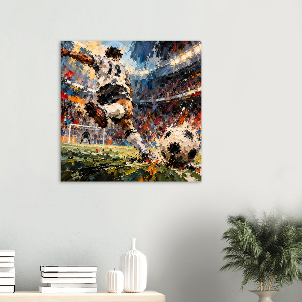 Quadratisches Fußball-Actionposter: Spieler im Sprung, Ball rechts unten, kräftige Farbexplosion