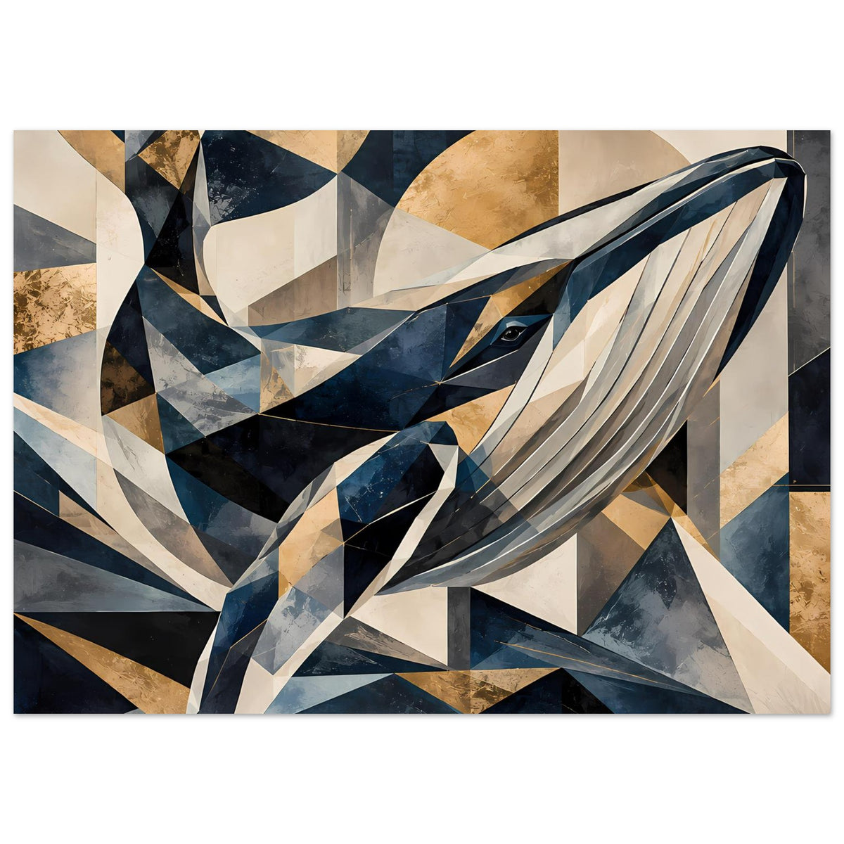 Kunstposter mit geometrischem Wal-Motiv in Blau, Gold und Creme, rechteckig