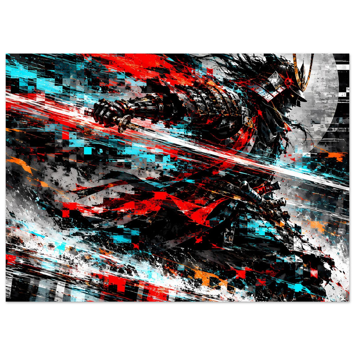 Samurai-Actionposter, horizontal: abstraktes Samurai-Motiv mit roten und cyanfarbenen Lichtstreifen