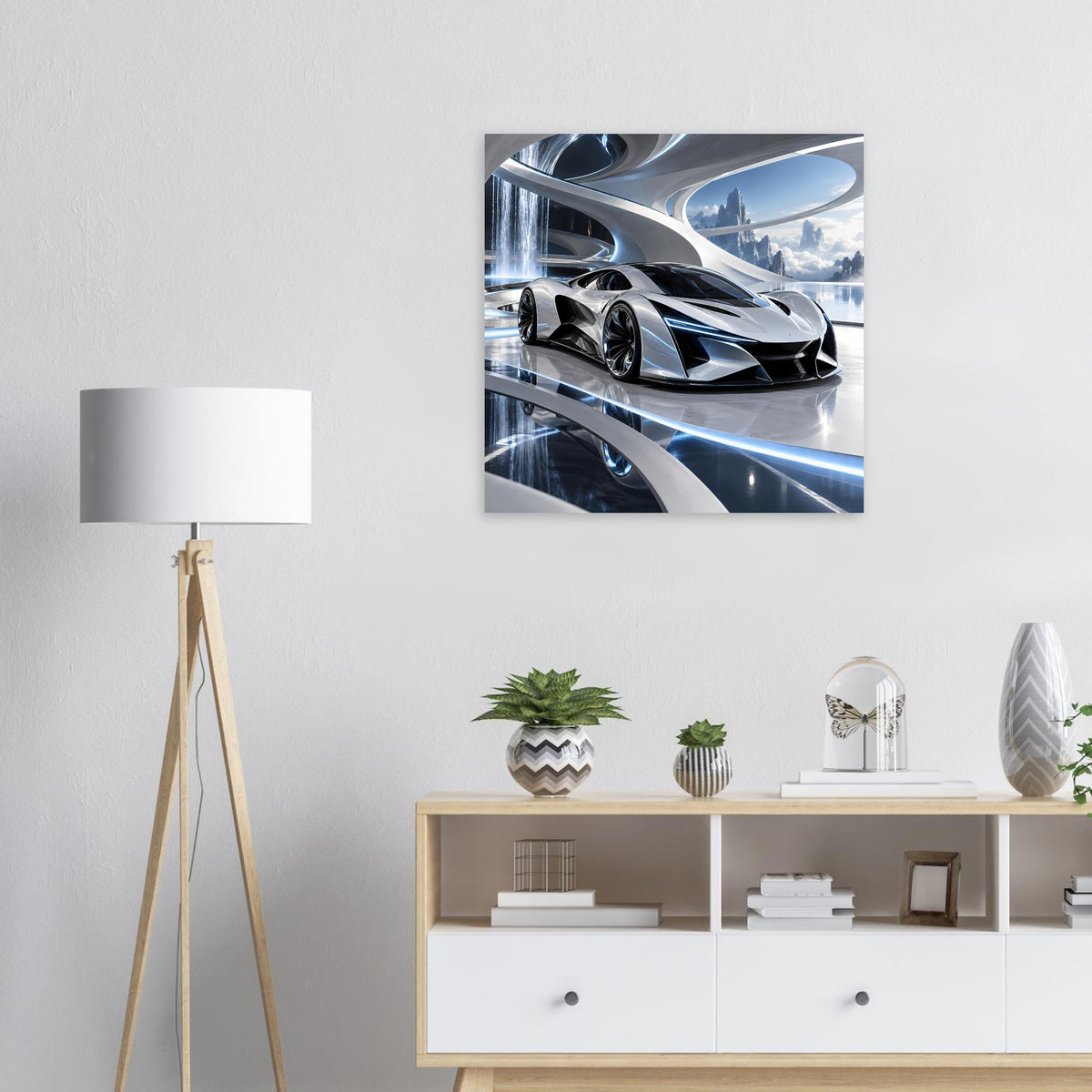 Quadratisches Poster mit silbernem futuristischem Supersportwagen im Fahrlicht