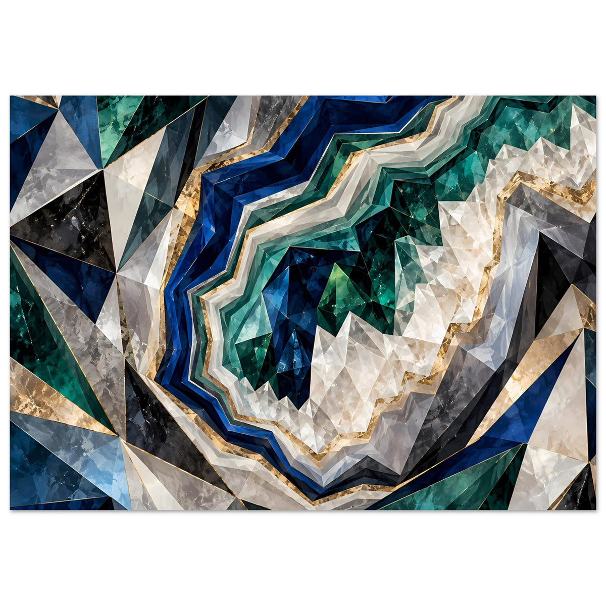 Abstraktes Poster mit Kristallpolygon-Motiv in Blau, Grün und Goldakzenten