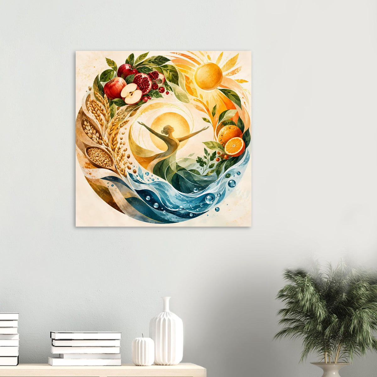Naturposter mit Sonne, Wasserwellen und Ernte-Motiven aus Obst, Weizenähren und Blättern