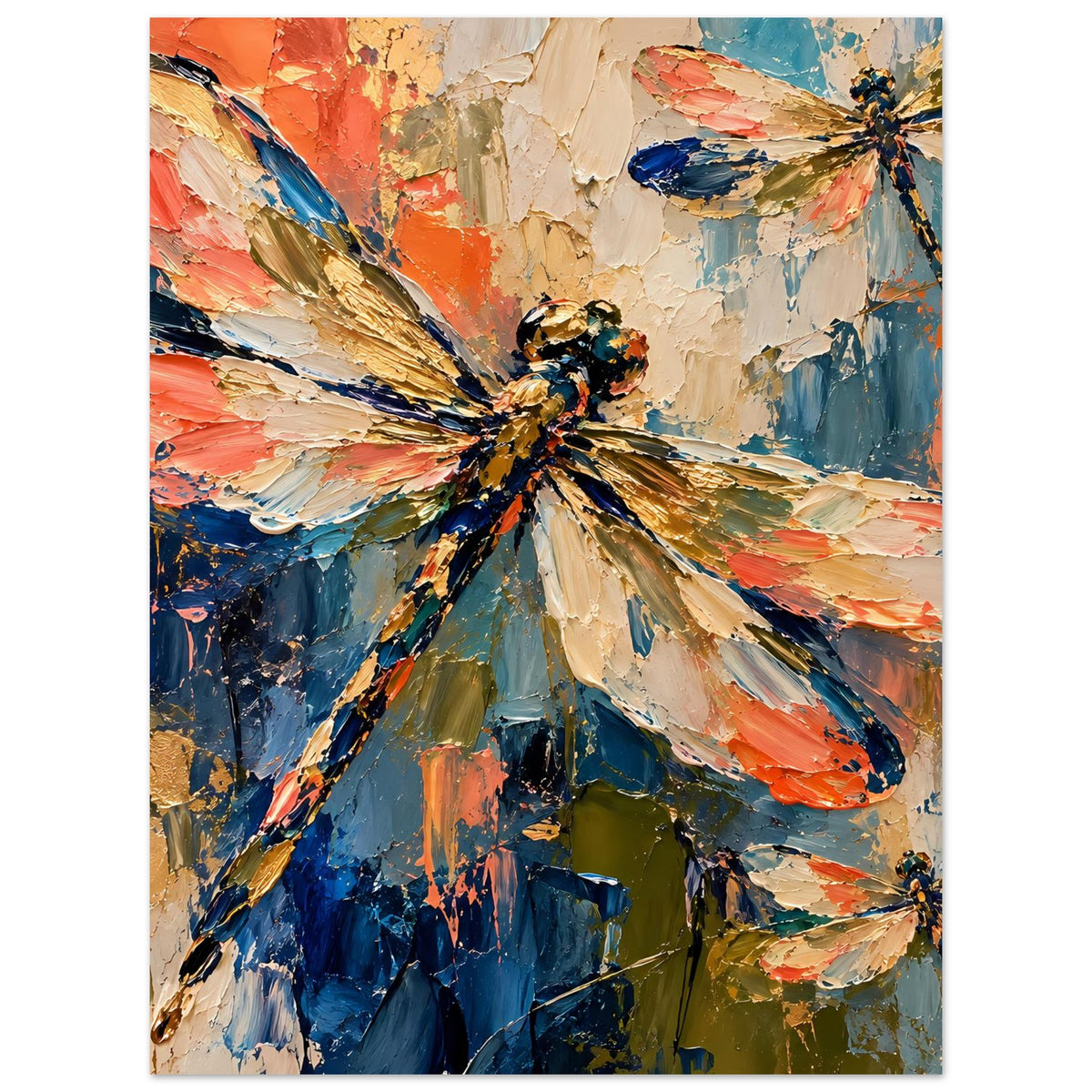 Kunstposter im Hochformat: Libellenmotiv mit kräftigen Blau- und Orangetönen