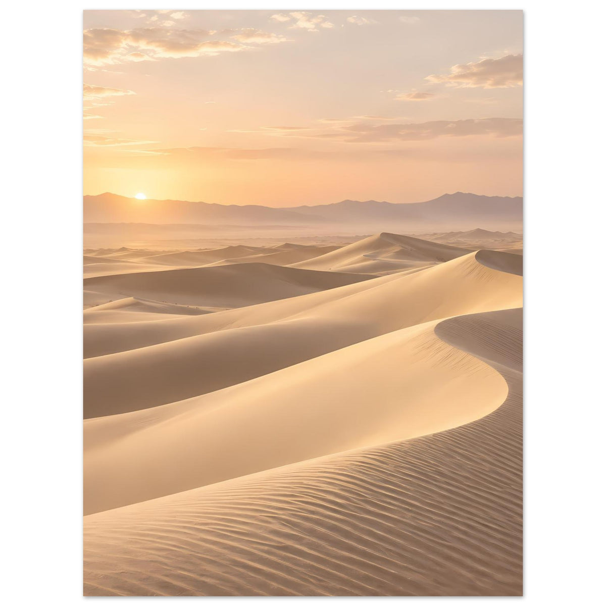 Wüstenposter (hochkant) mit hellen Sanddünen und goldenem Sonnenaufgang