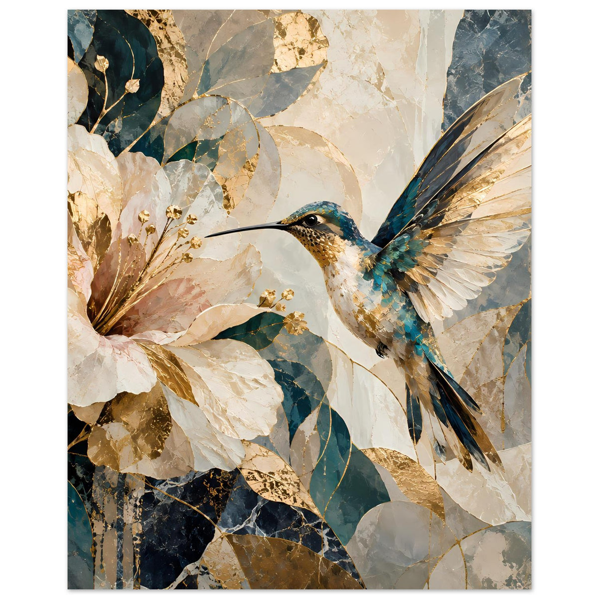Kunstposter mit Kolibri und Blüten, blaue und goldene Marmoroptik, Hochkant