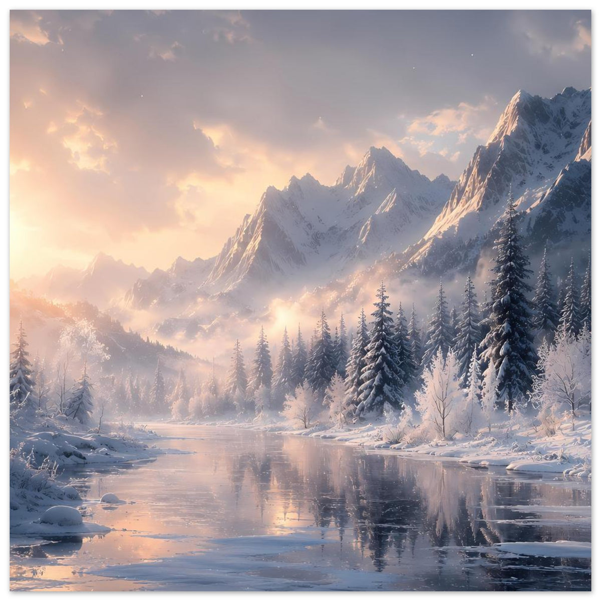 Winterlandschafts-Poster mit schneebedeckten Bergen, Kiefern und spiegelndem Fluss