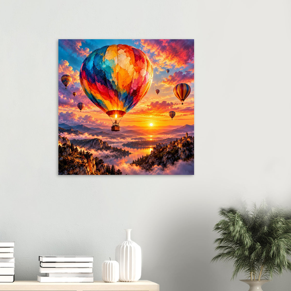 Quadratisches Poster mit Heißluftballon-Motiv und Sonnenuntergang über Berge und Wolken