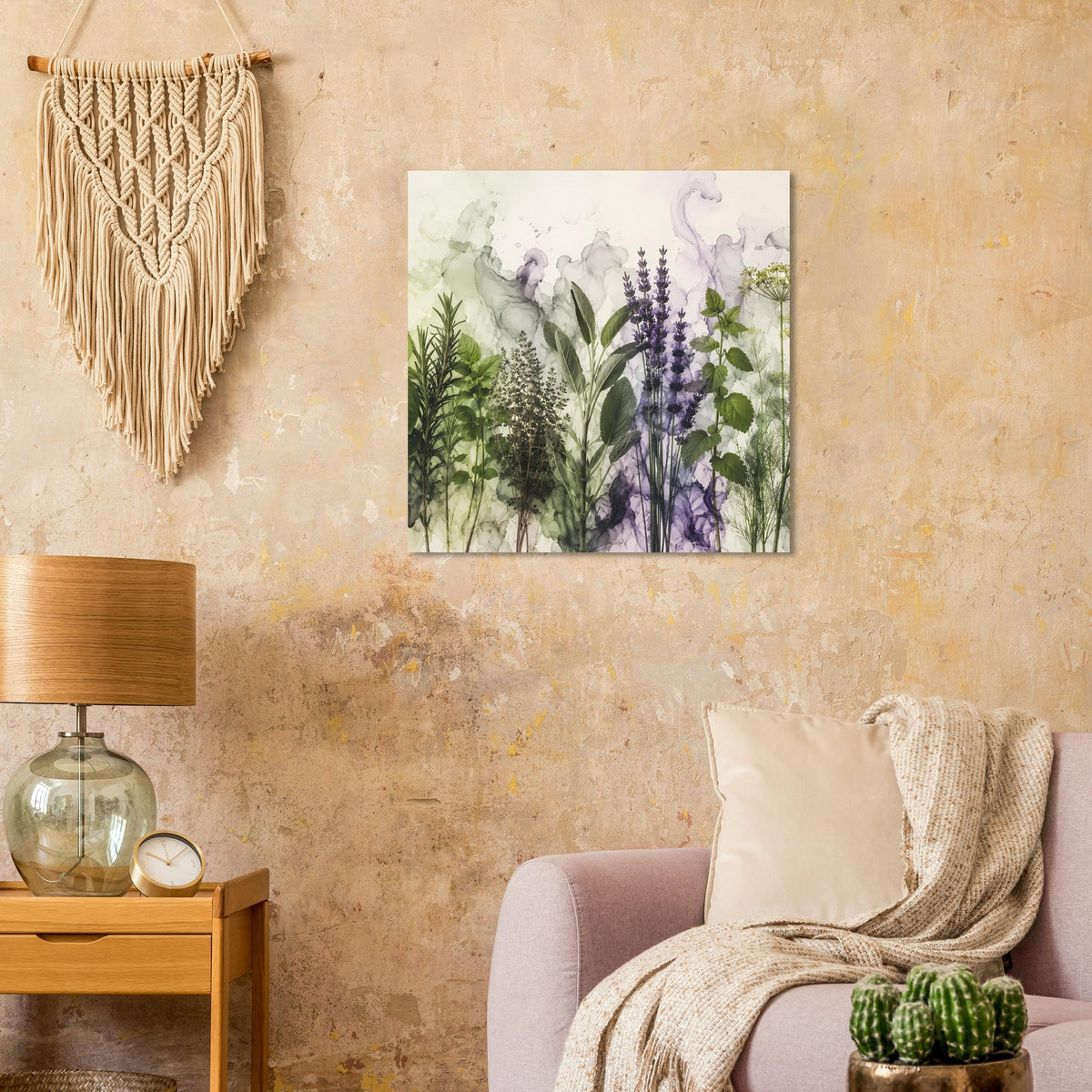 Gerahmtes botanisches Poster mit violetten Lavendelblüten und grünen Pflanzen (Hochformat)