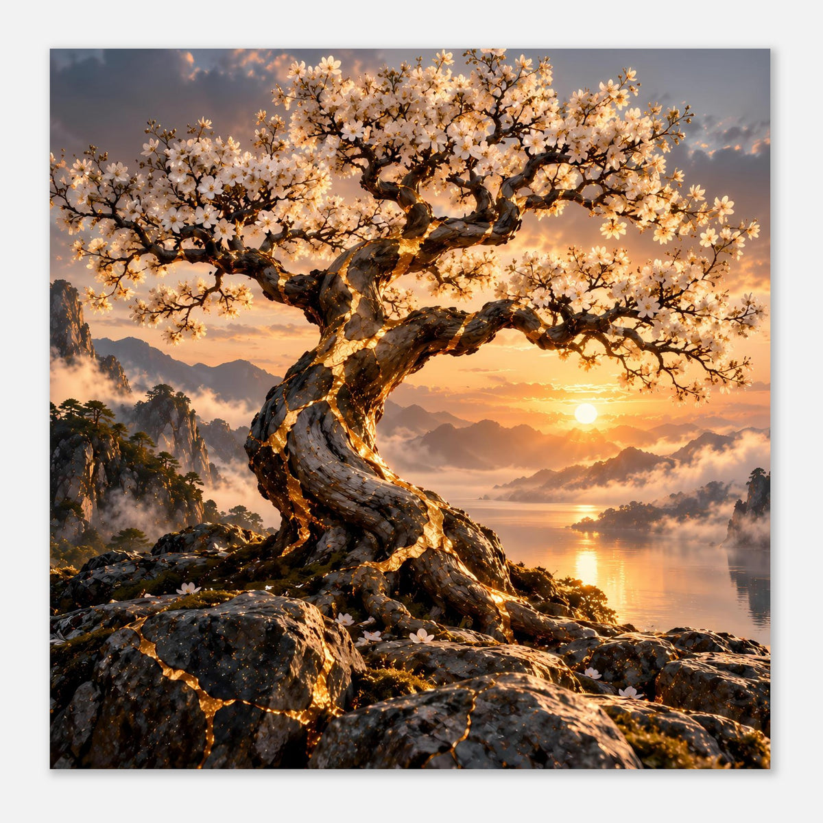 Quadratisches Poster: blühender Baum, goldene Sonne, Felsen und Wasser bei Dämmerung