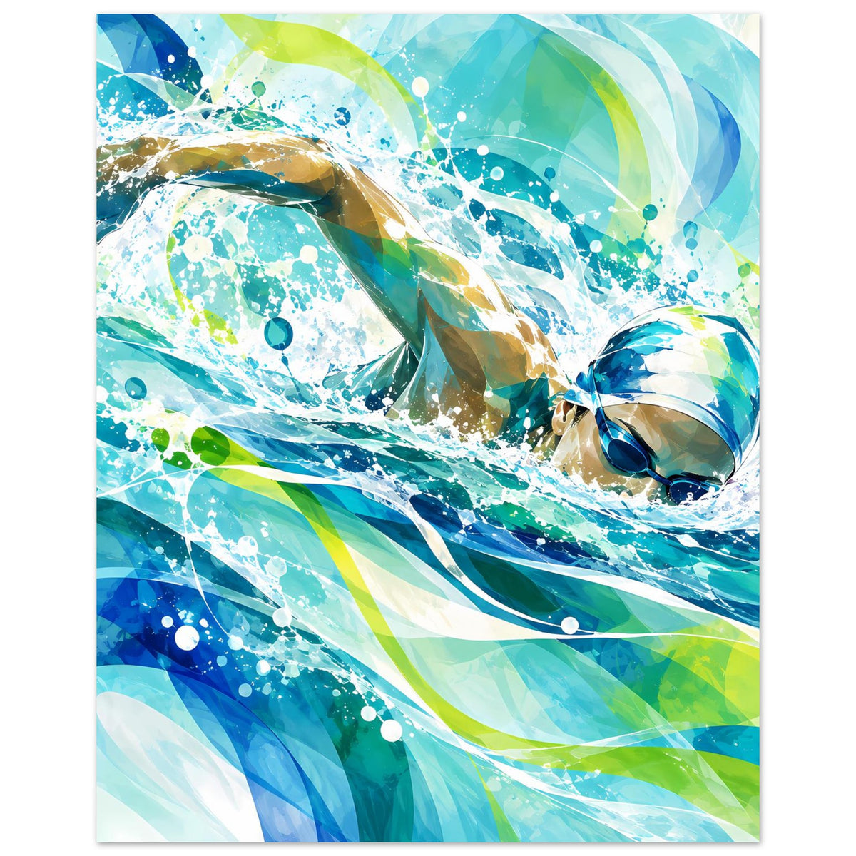 Poster mit Schwimmern in dynamischer Bewegung, abstrakte Blau- und Grüntöne, spritzende Blasen
