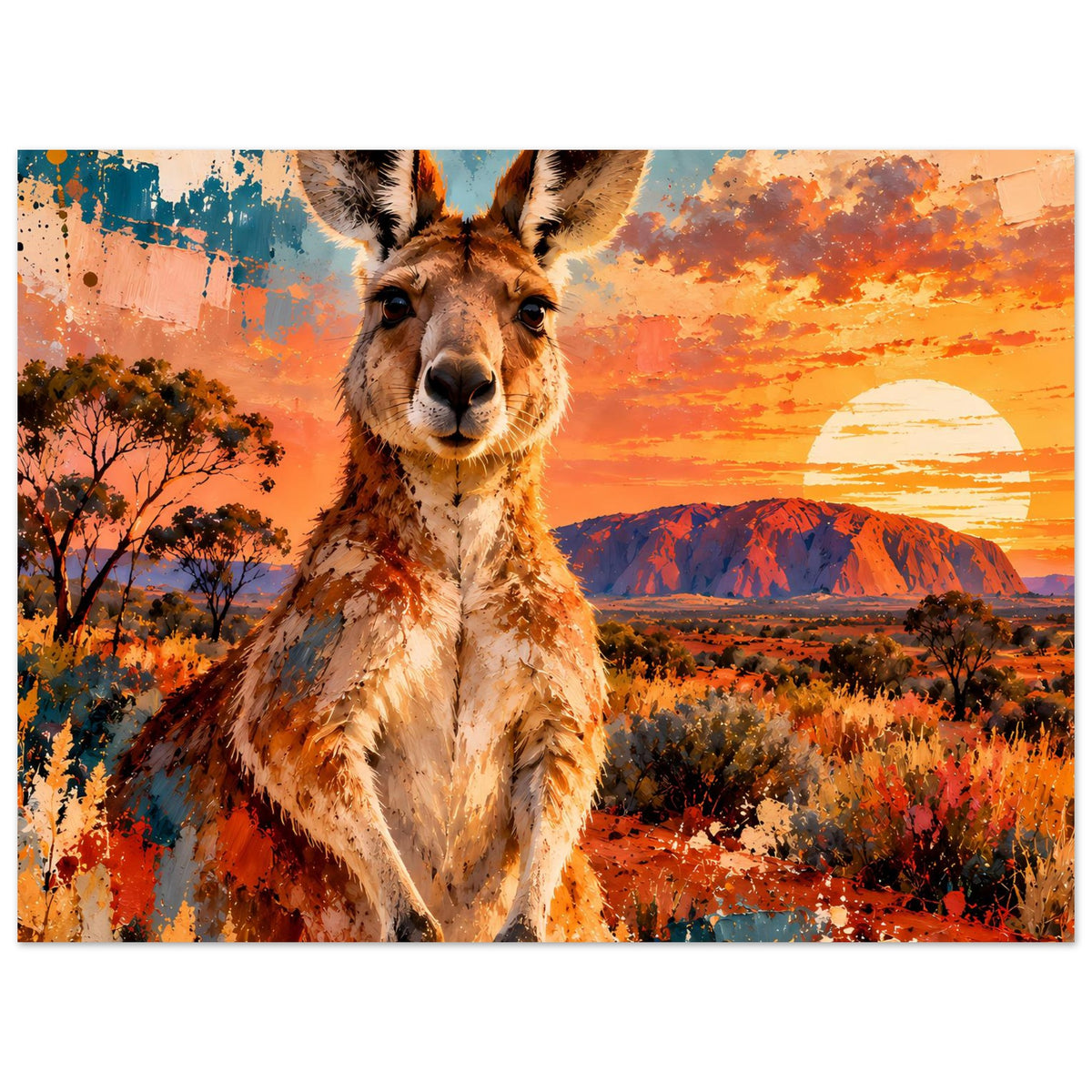 Känguru-Sonnenuntergangs-Poster auf Premium-Mattpapier, Querformat mit Känguru und Abendsonne