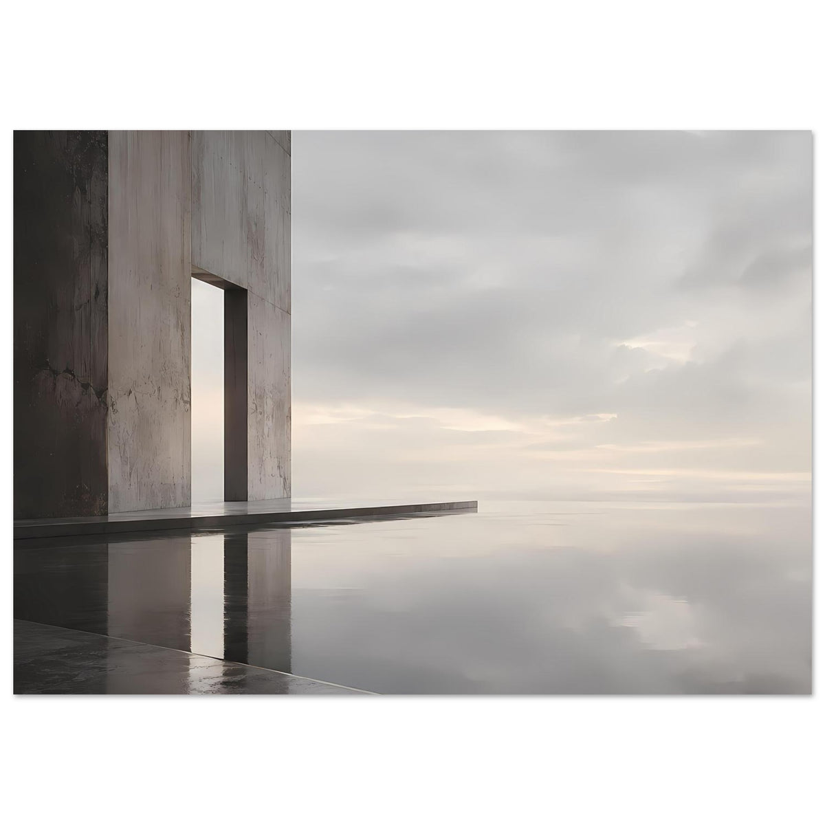 Horizontales Architektur-Poster mit Betonbau, schmaler Fuge im Licht und Spiegelung im Boden