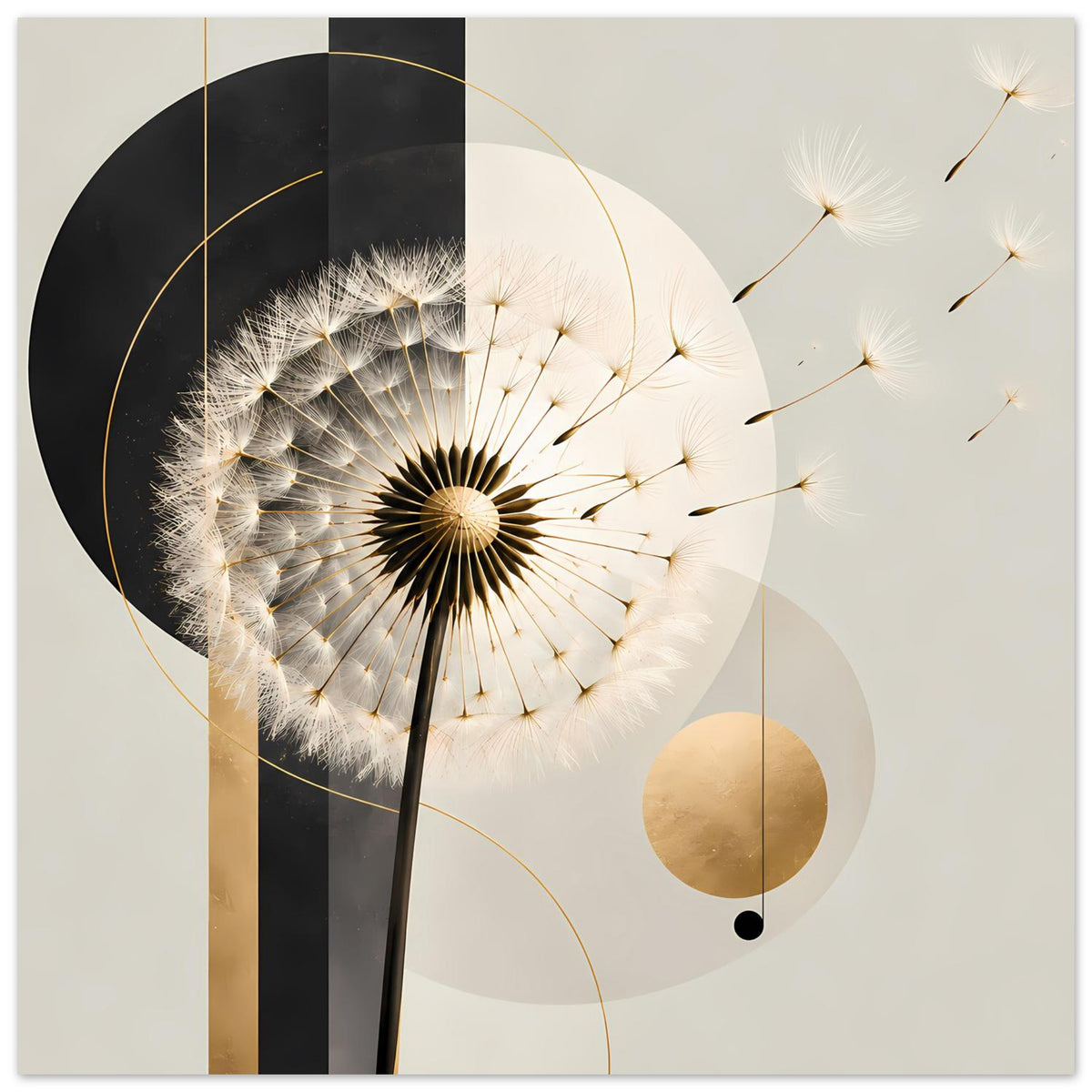 Dandelion-Poster mit Pusteblumen-Design, schwarzen Streifen und goldenen Akzenten
