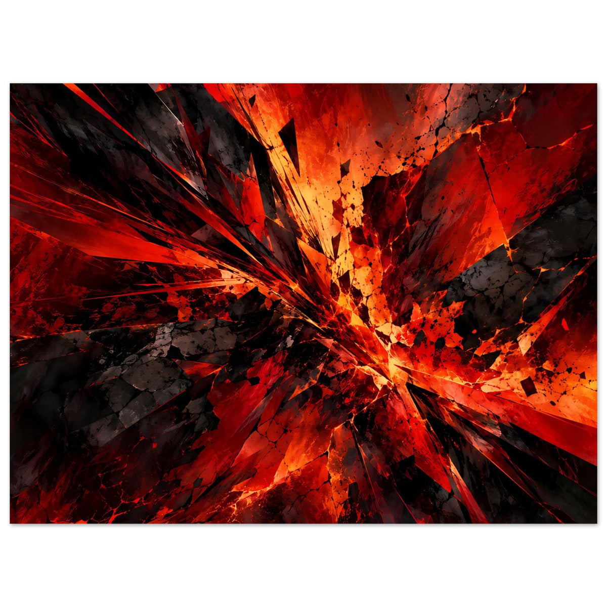 Kunstposter im Querformat mit explosivem Strahlenmuster in Rot, Schwarz und Orange