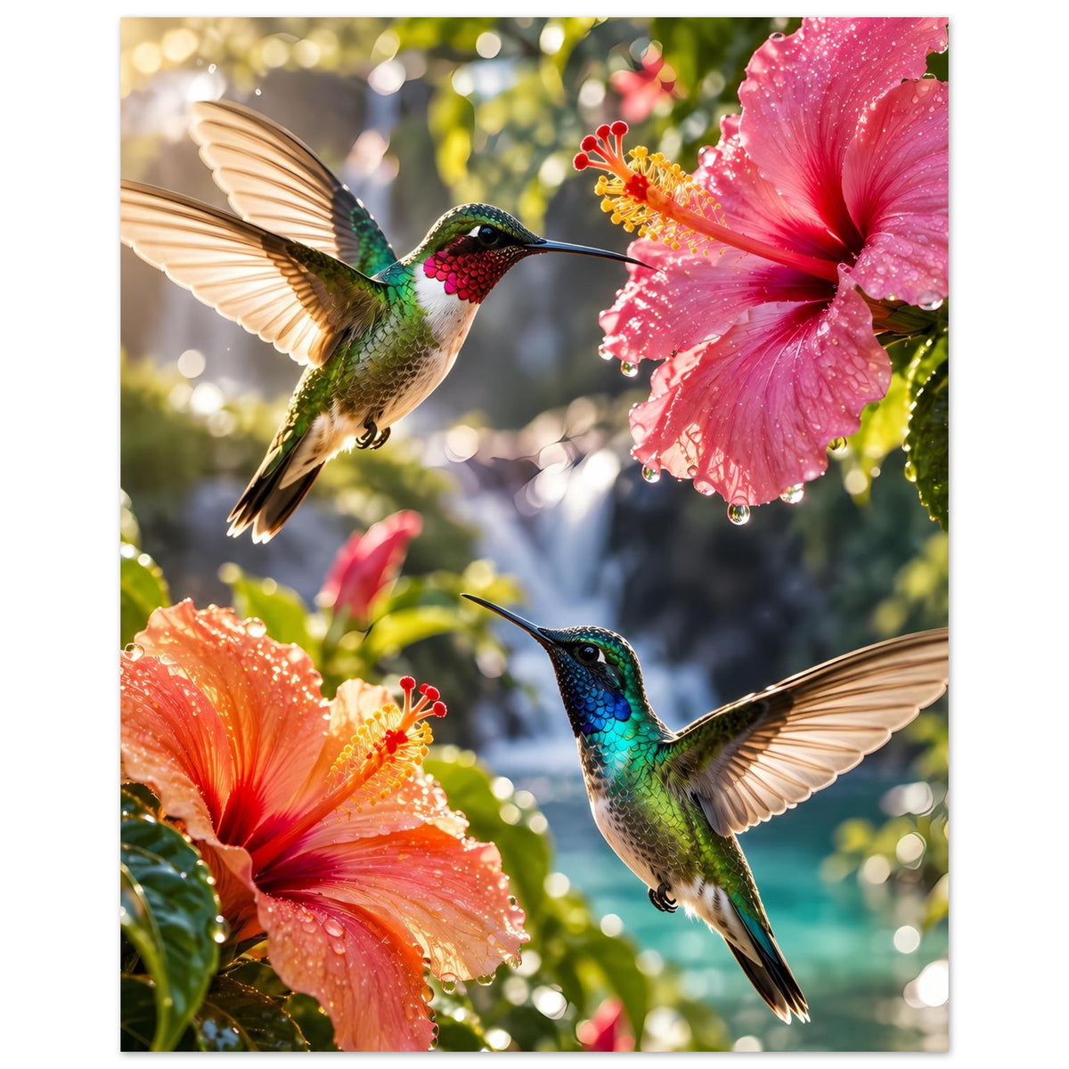 Poster mit zwei Kolibris zwischen orange- und rosafarbenem Hibiskus