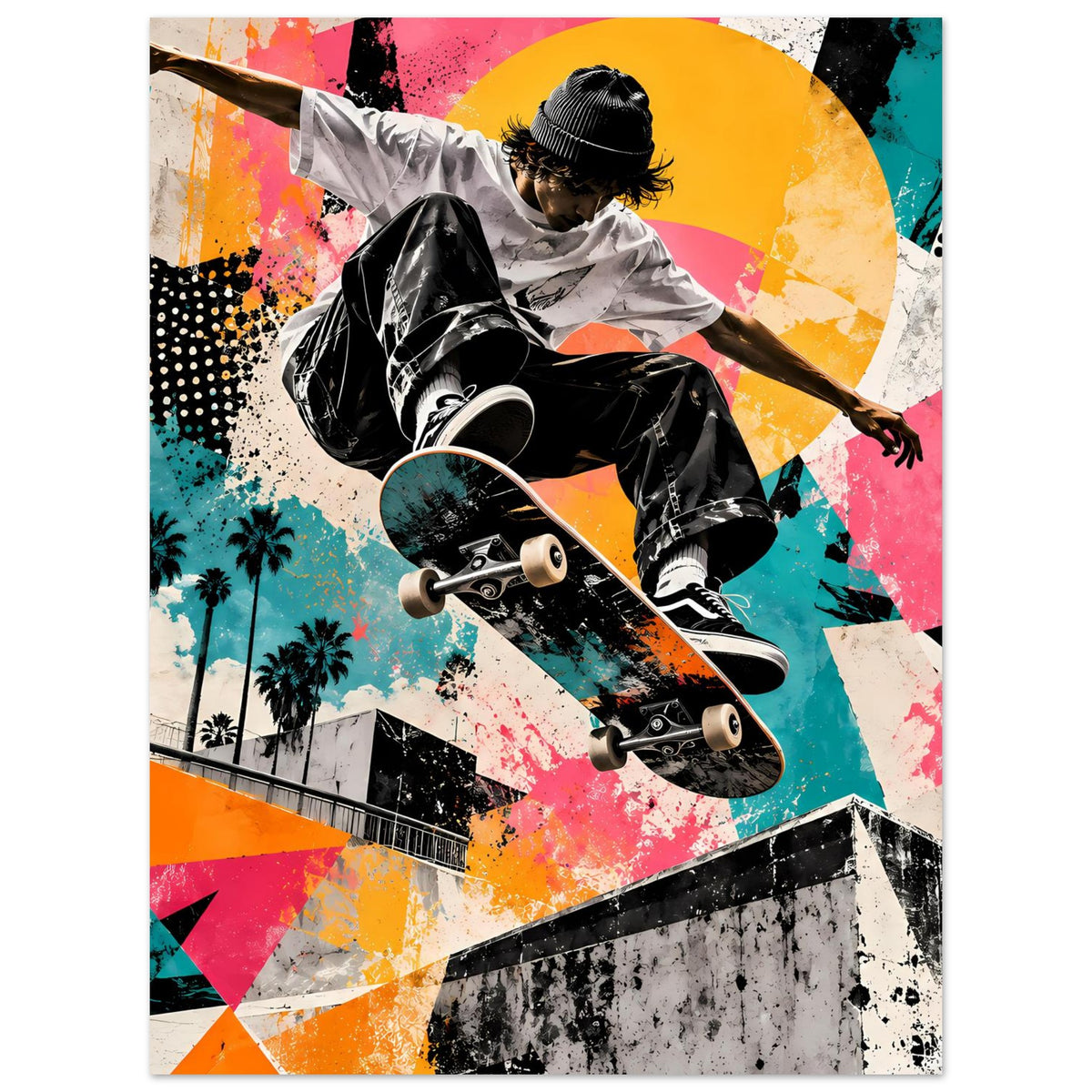 Poster-Print: Skateboarder in Aktion, Schwarzweißfigur vor Neon-Graffiti-Design