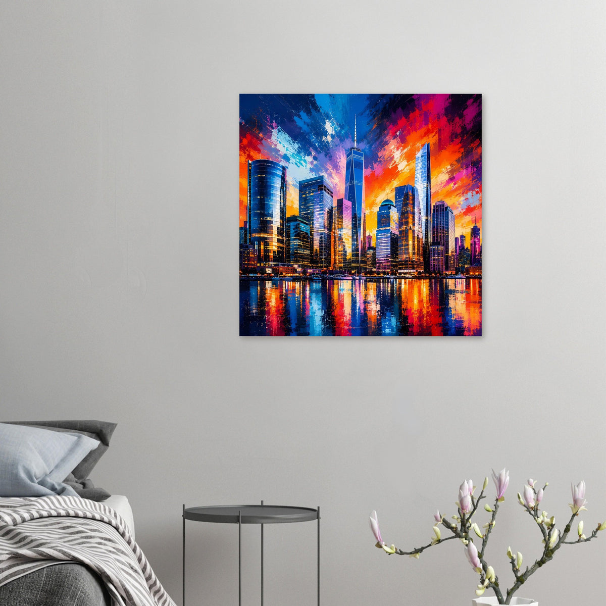 Poster mit Stadtskyline bei Sonnenuntergang, kräftige Blau- und Orangetöne, Spiegelung im Wasser.